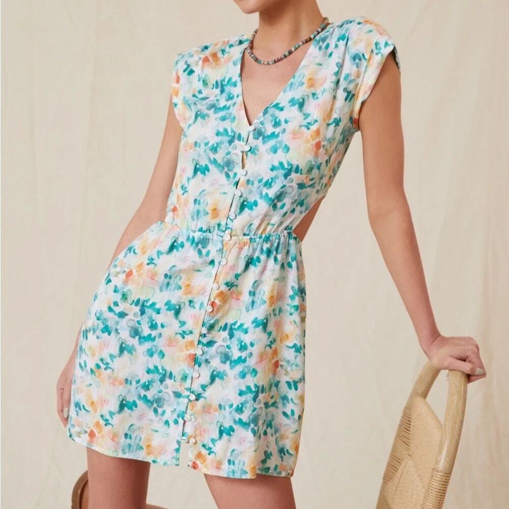 Cloth & Stone Anthropologie Blue Motif Cut Out Button Front Mini Dress L